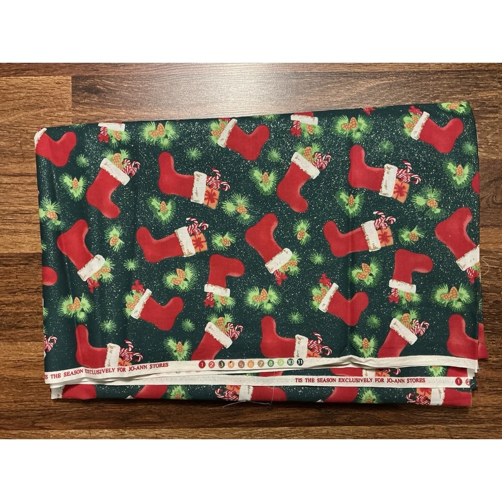 Jo-Ann TIS THE SEASON Fabric Red Christmas Stockings Gifts Candy Canes 72" X 44"